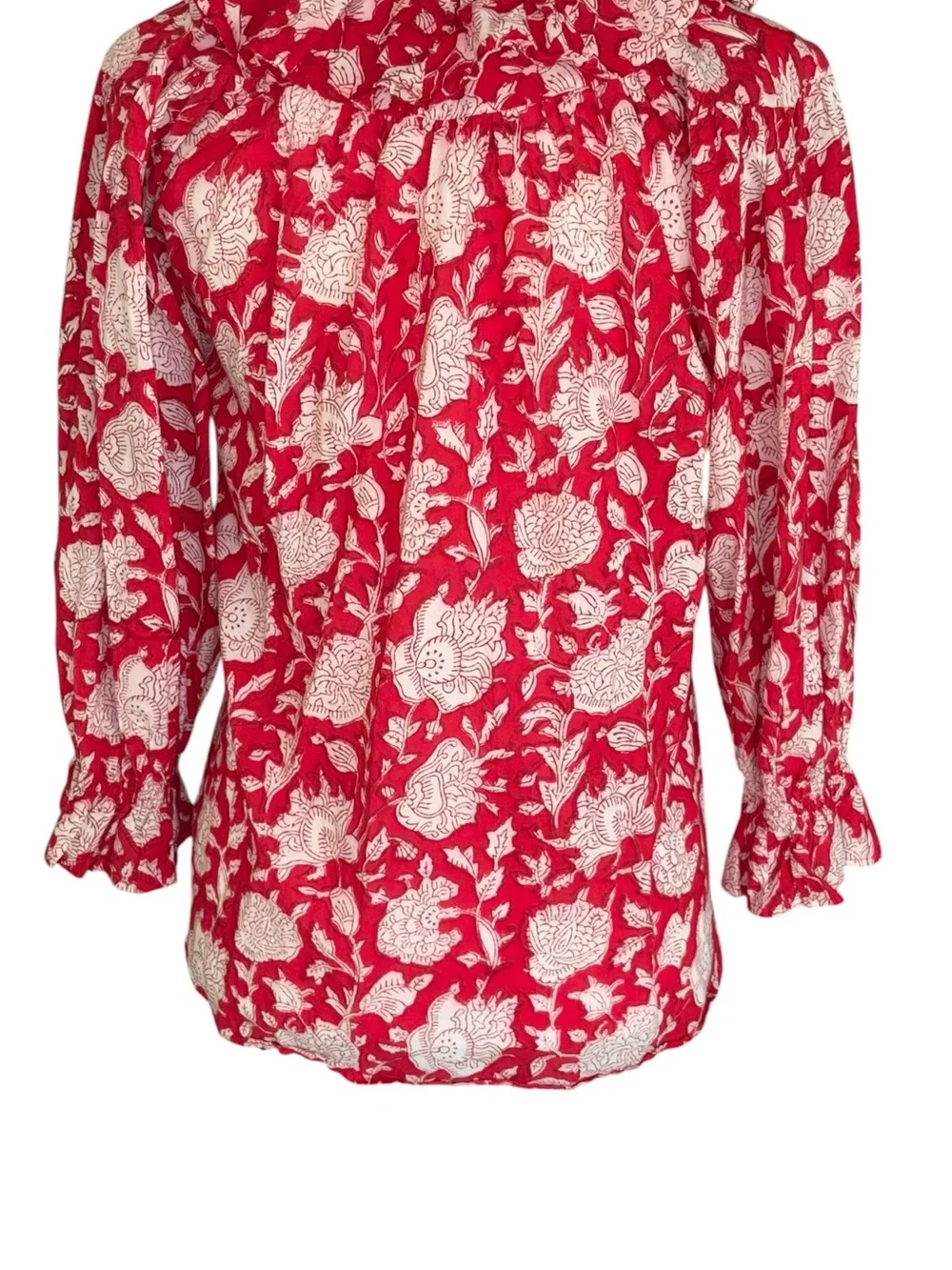 Anthropologie Mille May Red Zinnia Floral Print Ruffle Tie Neck Blouse - XXS +
